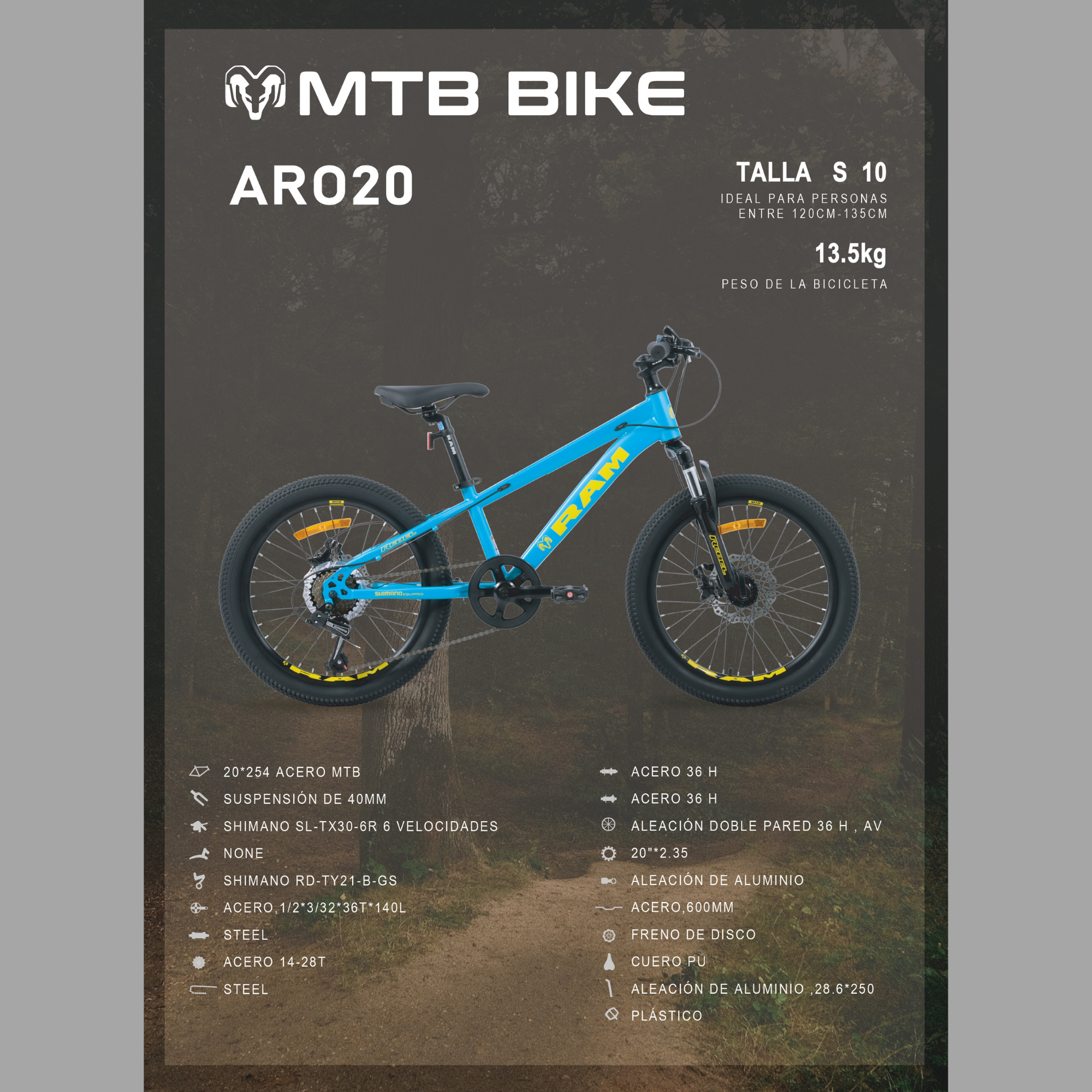 Bicicleta de Montaña Infantil, R 20 Color Azul