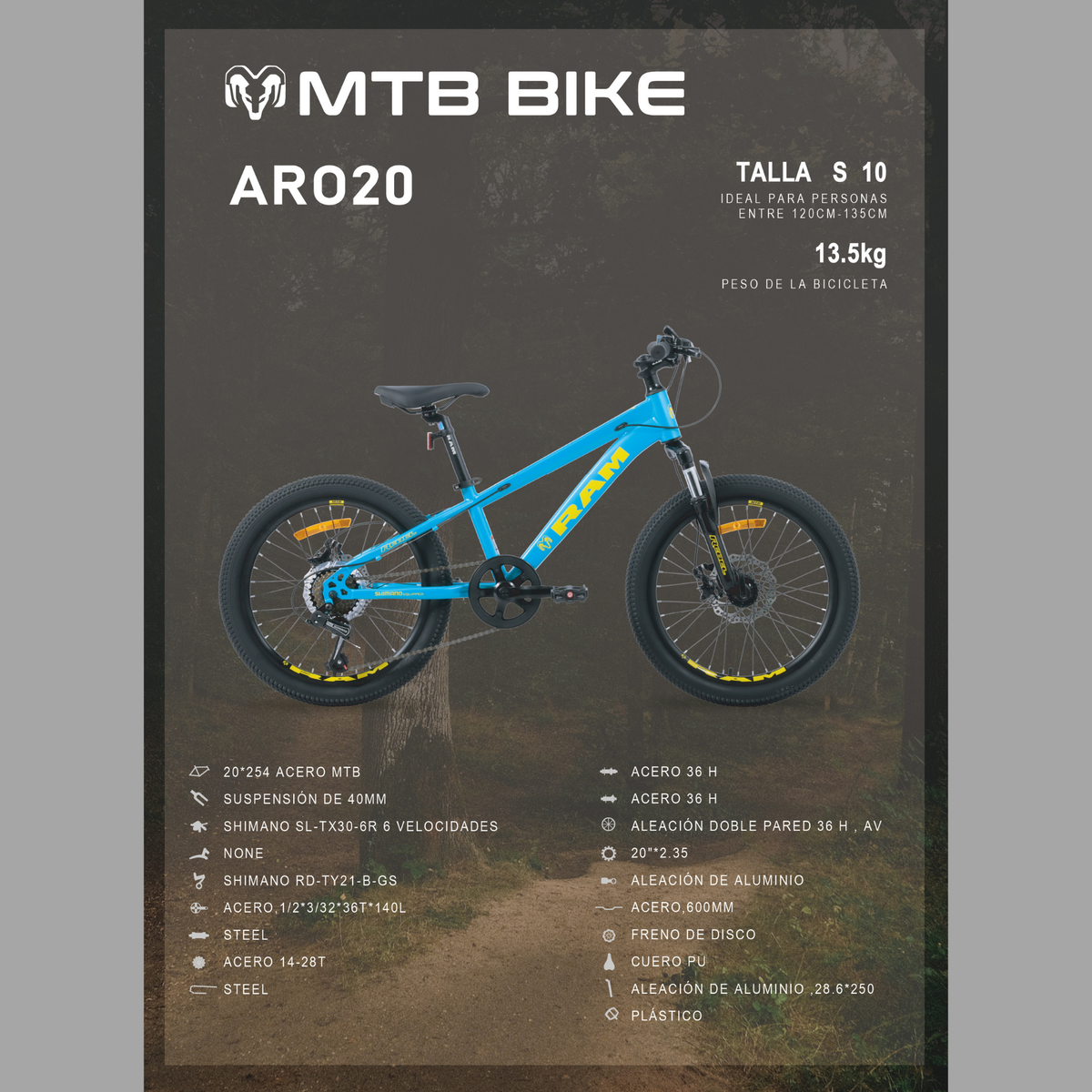 Bicicleta de Montaña Infantil, R 20 Color Azul